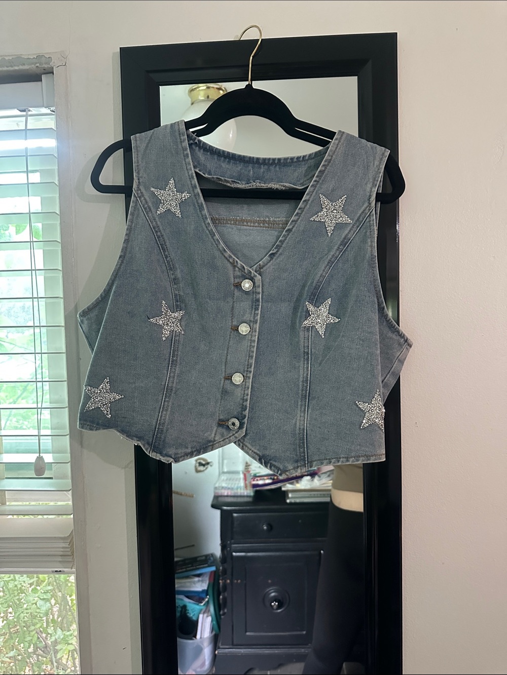 Embellished Denim Star Vest - Women's Gray